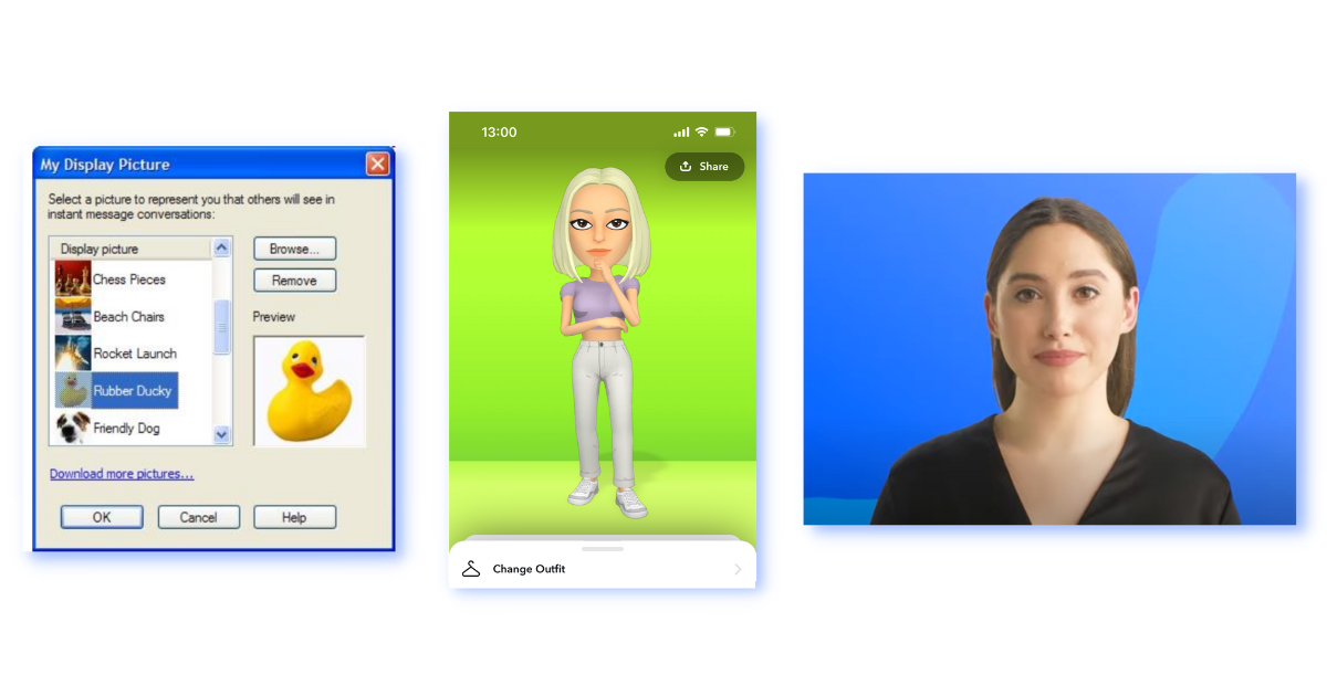 3 examples of internet avatars: ducky from Windows, a 3 character avatar and Alex, an AI video avatar by Synthesia